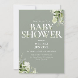Sagegrön blomster QR-kod Baby Shower-inbjudan Inbjudningar