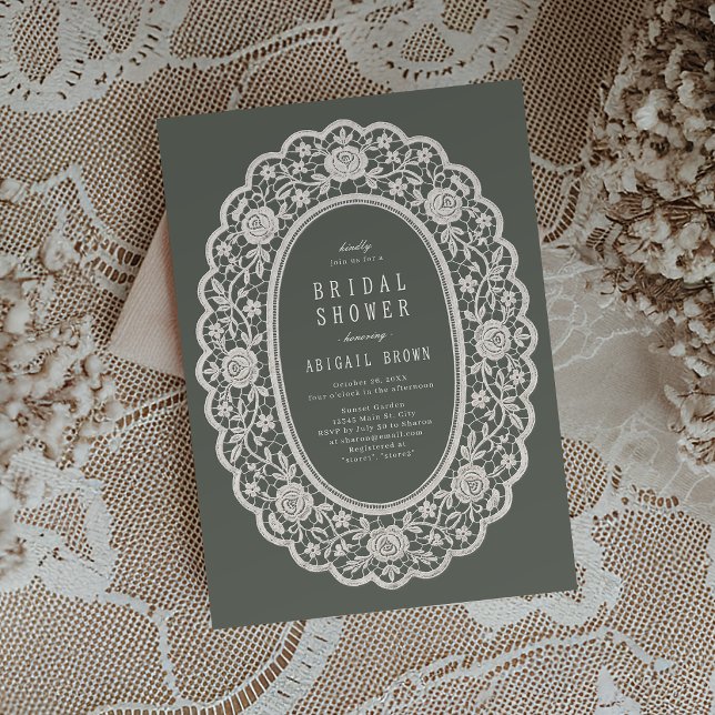 Sagegrön blomster vintage spets bröllopsdusch inbjudningar (Sage Green Floral Vintage Lace Bridal Shower Invitation)