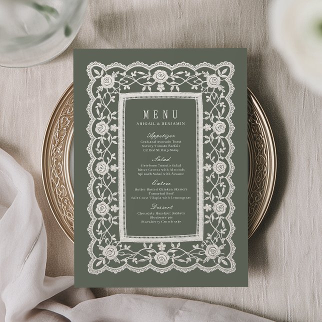 Sagegrön blomster vintage spets klassisk bröllop  meny (Sage Green Floral Vintage Lace Classic Wedding Menu)