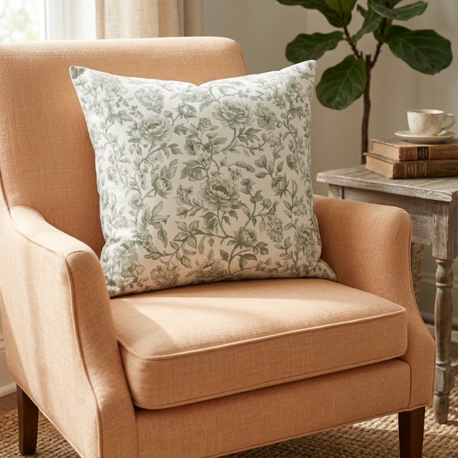 Sagegrön blomster vintage toile-mönster  kudde (Skapare uppladdad)