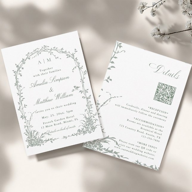 Sagegrön blomsterbåge trädgård allt-i-ett bröllop  inbjudningar (Front & Back)