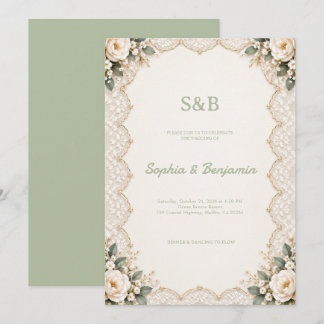 Sagegrön blomsterbroderad spets Elegant bröllopsin Inbjudningar