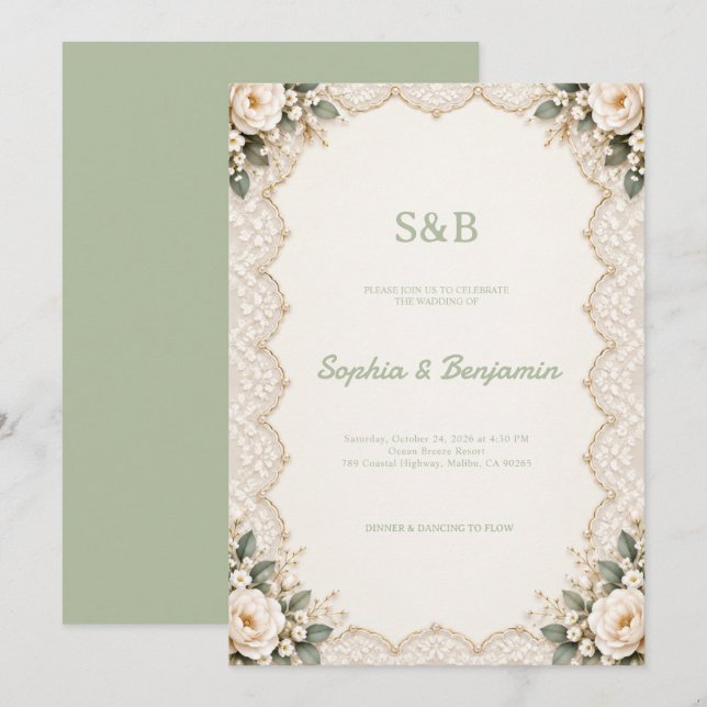 Sagegrön blomsterbroderad spets Elegant bröllopsin Inbjudningar (Fram/baksida)