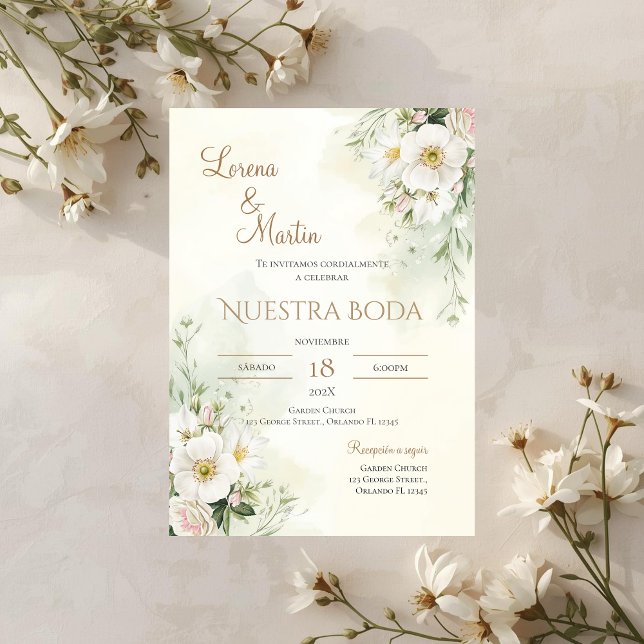 Sagegrön blomsterbröllopsinbjudan på spanska inbjudningar (Skapare uppladdad)