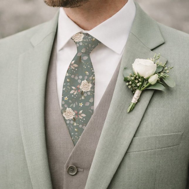 Sagegrön blomsterbröllopsskjorta med vintage rosor slips (Skapare uppladdad)