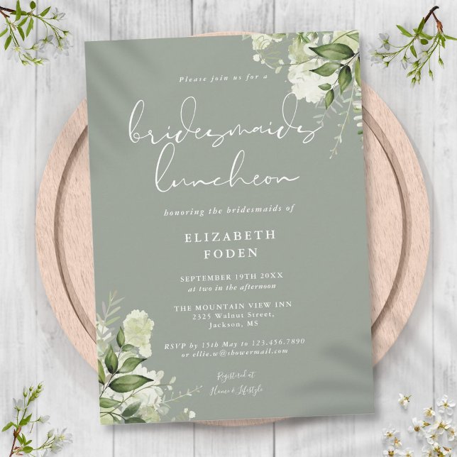 Sagegrön blomsterbrudtjänsteflicka lunch inbjudningar (Sage Green Floral Bridesmaids Luncheon Invitation)