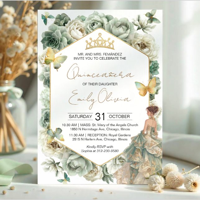 Sagegrön blomsterfjäriltiara Quinceañera Inbjudningar (Skapare uppladdad)