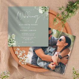 Sagegrön blomsterfoto fyrkantig bröllopsinbjudan inbjudningar