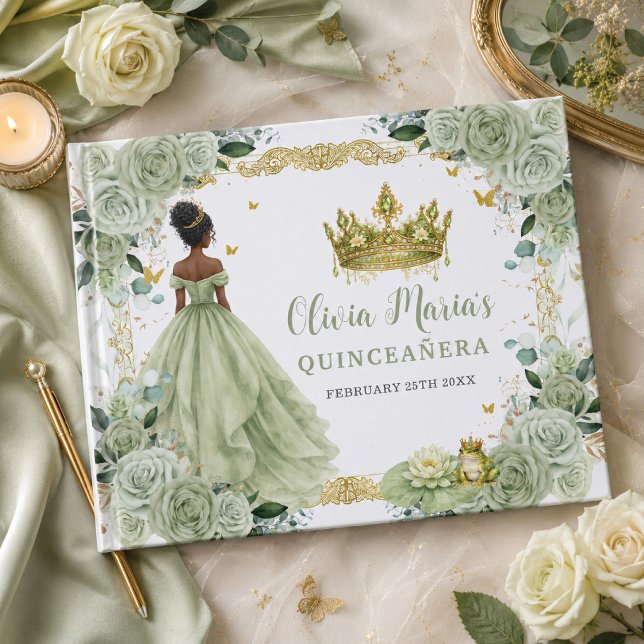 Sagegrön blomstergrodans prinsessa Quinceanera Gästböcker (Skapare uppladdad)