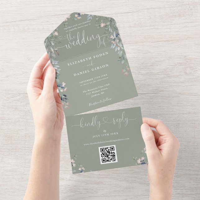 Sagegrön blomsterinspirerad hjärtformad QR-kod brö (Avrivbar del)