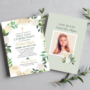 Sagegrön blomsterkrans första kommunion flicka inbjudningar