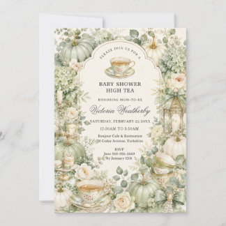 Sagegrön blomsterlig pumpa te-partaj baby shower inbjudningar