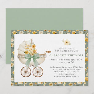 Sagegrön blomsterliggande barnvagn Baby Shower Inbjudningar