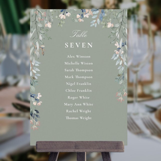 Sagegrön blomsterliggande sittplanstabellnummer inbjudningar (Sage Green Floral Seating Plan Table Number)