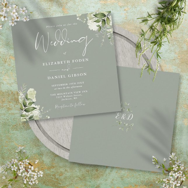 Sagegrön blomsterrik monogram fyrkantig bröllopsin inbjudningar (Sage Green Greenery Floral Monogram Square Wedding Invitation)