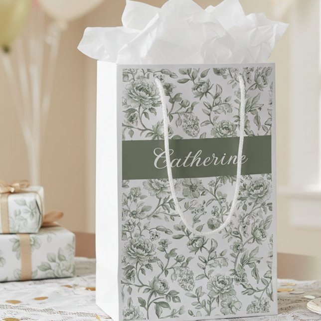 Sagegrön blomstertryckt vintage toile-monogramnamn (Skapare uppladdad)