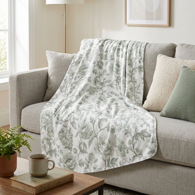 Sagegrön blomstertryckt vintage toile-mönster fleecefilt (Skapare uppladdad)