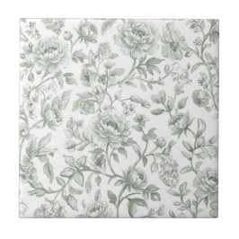 Sagegrön blomstertryckt vintage toile-mönster  kakelplatta