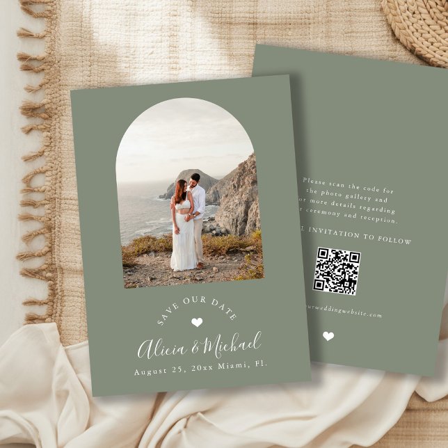 Sagegrön boho-båge modern QR-kod foto bröllop Spara Datumet (Skapare uppladdad)
