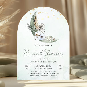 Sagegrön Boho Blommig Halvmånebröllopsfest Inbjudningar