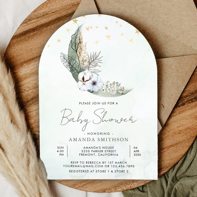 Sagegrön Boho Blommig Månskärms Babyfest Inbjudningar (Skapare uppladdad)