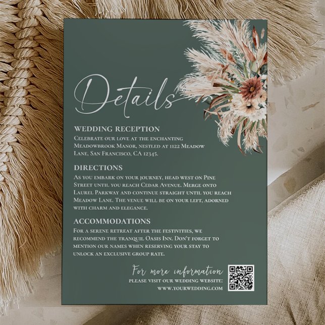 Sagegrön Boho Bröllopsdetaljer Bifogad Kort (Sage Green Boho Wedding Details Card, Bohemian Greenery Pampas Wedding Enclosure Card)