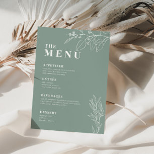 Sagegrön Boho Bröllopsmeny med blomsterkonstverk Meny