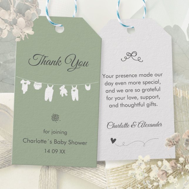 Sagegrön Boho Elegant Tack Baby Shower Presentetikett (Sage Green Boho Elegant Thank You Baby Shower Gift Tags ©Susanne Sachers - Sunny Mind 🌞)