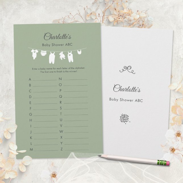 Sagegrön Boho Minimalist Bebis Shower ABC Lek (Minimalist Sage Green Baby Shower ABC Game ©Susanne Sachers - Sunny Mind 🌞)