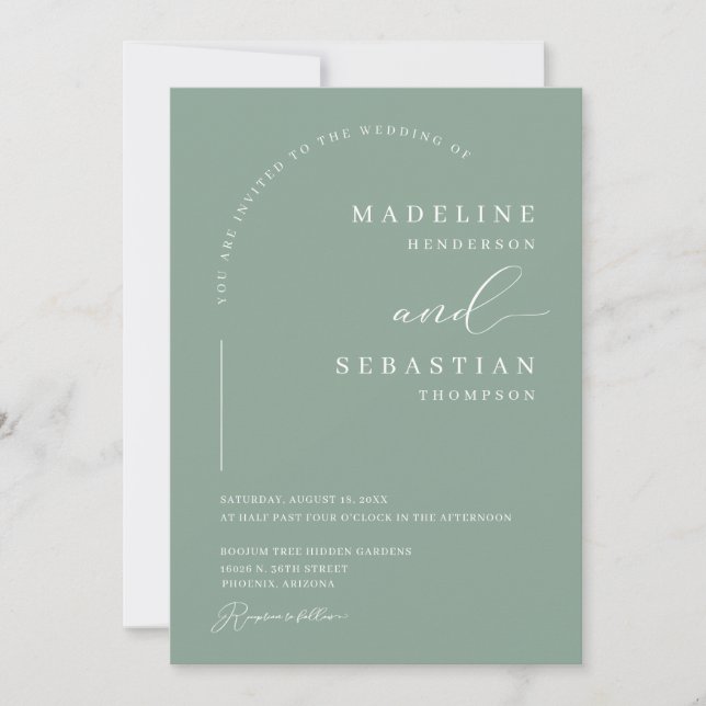 Sagegrön Boho Modern Båge Foto Bröllop Inbjudningar (Framsida)