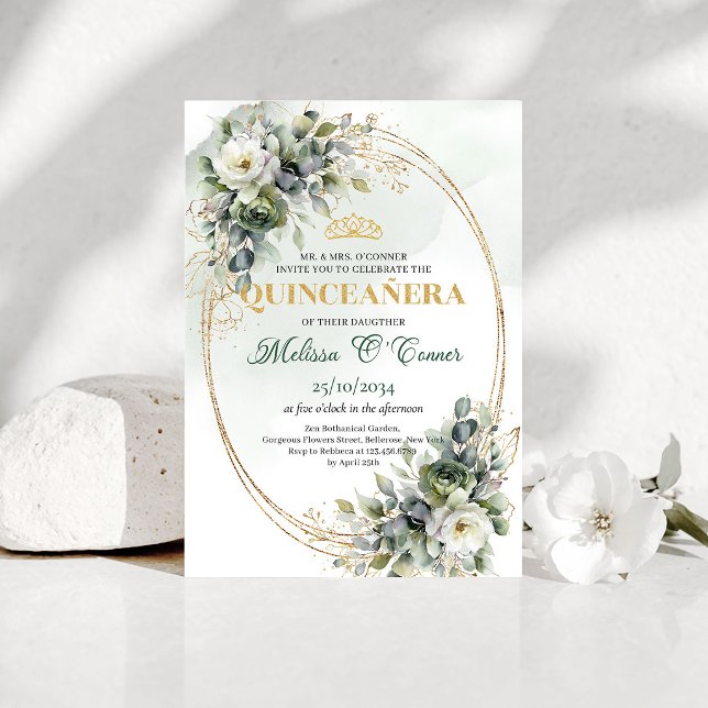 Sagegrön Boho Quinceañera Grönska Guld Inbjudan (Sage Green Boho Quinceañera Greenery Gold Invitation)