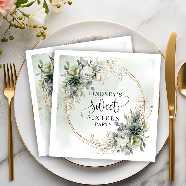 Sagegrön Boho Sweet Sixteen Greenery Guld Servett (Sage Green Boho Sweet Sixteen Greenery Gold Napkins)