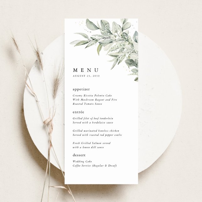 Sagegrön botanisk akvarell bröllopsmiddag meny (Sage green botanical watercolor wedding menu card, elegant minimalist reception stationery)