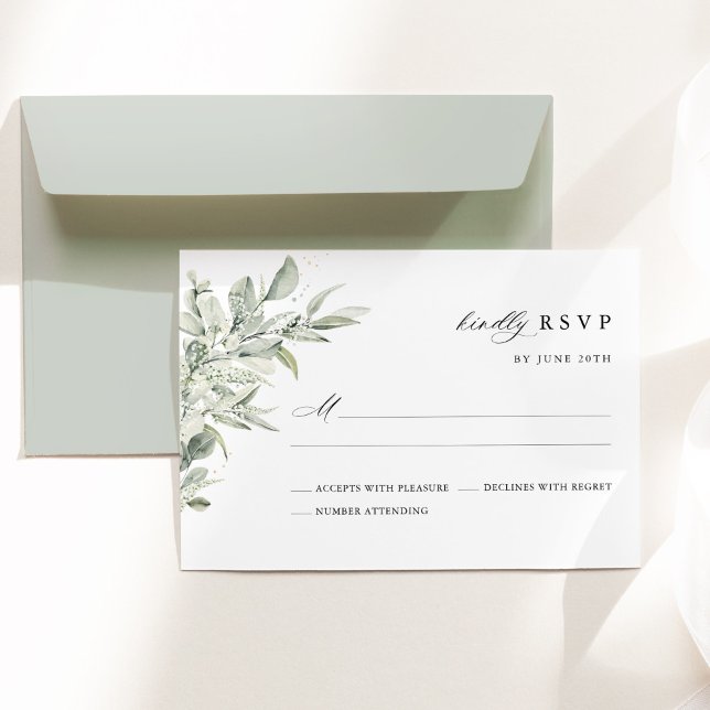 Sagegrön botanisk akvarell elegant bröllop OSA kort (Sage green botanical watercolor wedding RSVP card, minimalist elegant modern classic stationery.)