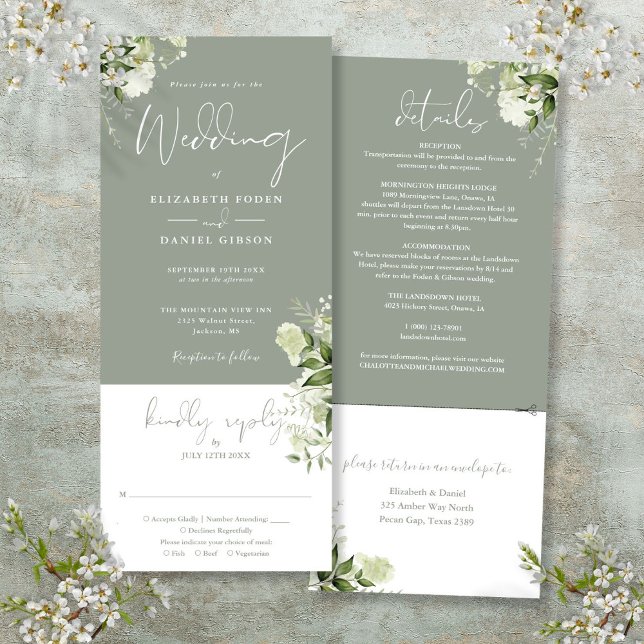 Sagegrön botanisk blomster all inclusive bröllop inbjudningar (Sage Green Botanical Floral All In One Wedding Invitation)