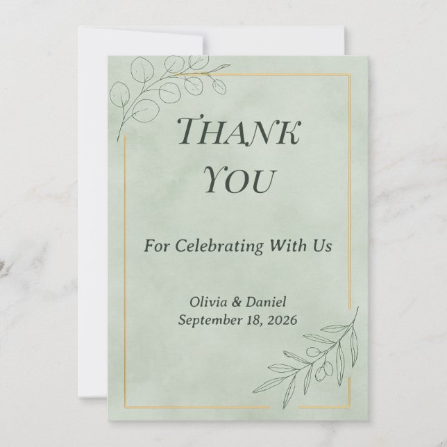 Sagegrön botanisk bröllop tack-kort tack kort (Framsida)