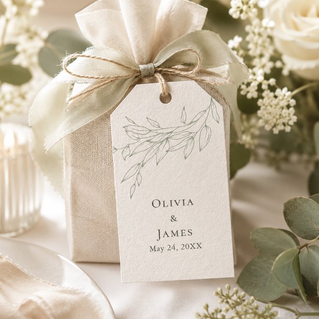 Sagegrön Botanisk Bröllopsfavor Presentetikett (Sage Green Botanical Wedding Gift Tags on a lovely wedding gift box)