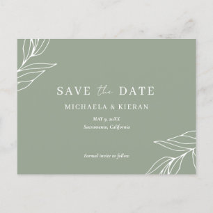 Sagegrön botanisk bröllopsinbjudan Save The Date Meddelande Vykort