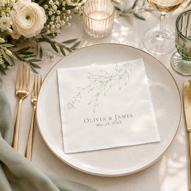 Sagegrön botanisk bröllopsservett pappersservett (Sage Green Botanical Wedding Napkin on an elegant  wedding dinner table)