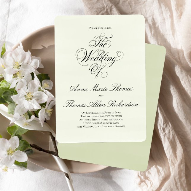 Sagegrön Botanisk Elegant Minimal Bröllopsdag Av Inbjudningar (Sage green elegant script invitation with minimalist and timeless layout.)