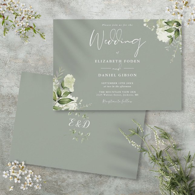 Sagegrön botanisk grön monogram-hustru- och make-h inbjudningar (Sage Green Botanical Greenery Monogram Wedding Invitation)