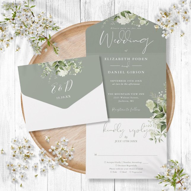 Sagegrön botanisk grönska Monogram Bröllop (Sage Green Botanical Greenery Monogram Wedding All In One Invitation)