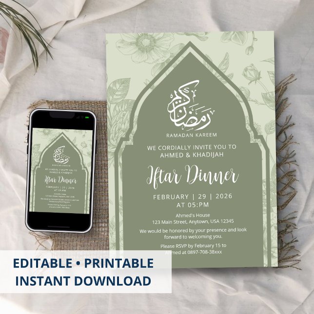 Sagegrön botanisk Ramadan Iftar-inbjudan Inbjudningar (Skapare uppladdad)