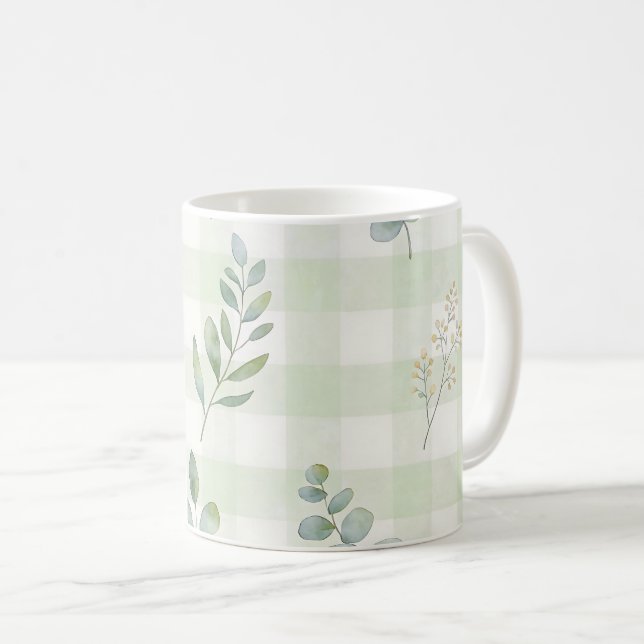 Sagegrön botanisk sömlös design kaffemugg (Framsida höger)