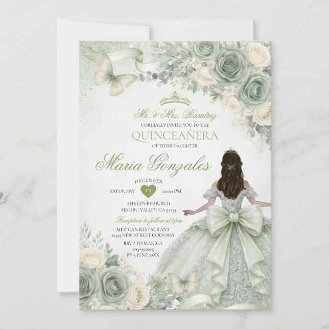 Sagegrön bows blommande prinsessklänning Quinceañe Inbjudningar (Framsida)