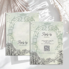 Sagegrön bröllops-RSVP-kort med QR-kod OSA Kort