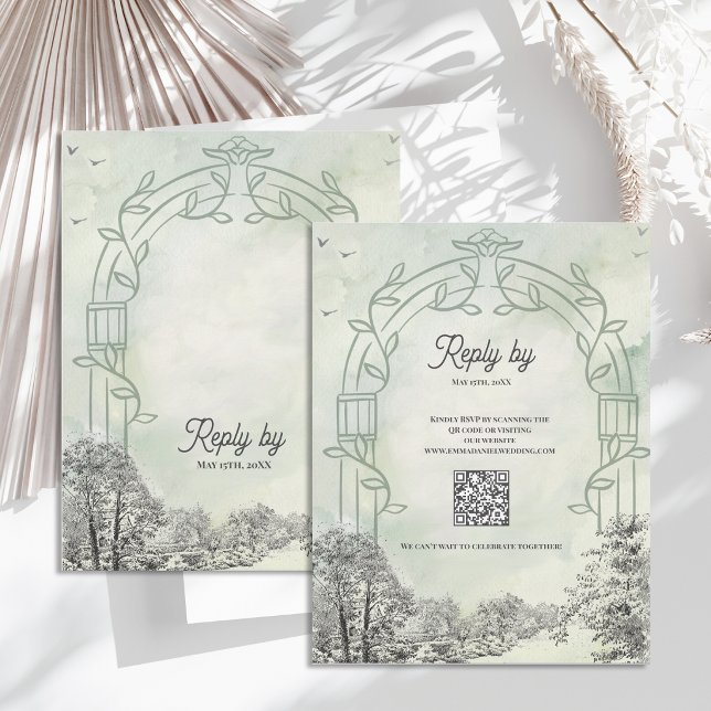 Sagegrön bröllops-RSVP-kort med QR-kod OSA Kort (Sage Green Wedding RSVP Card with QR Code | Garden Arch RSVP Insert | Modern Wedding Response Card)
