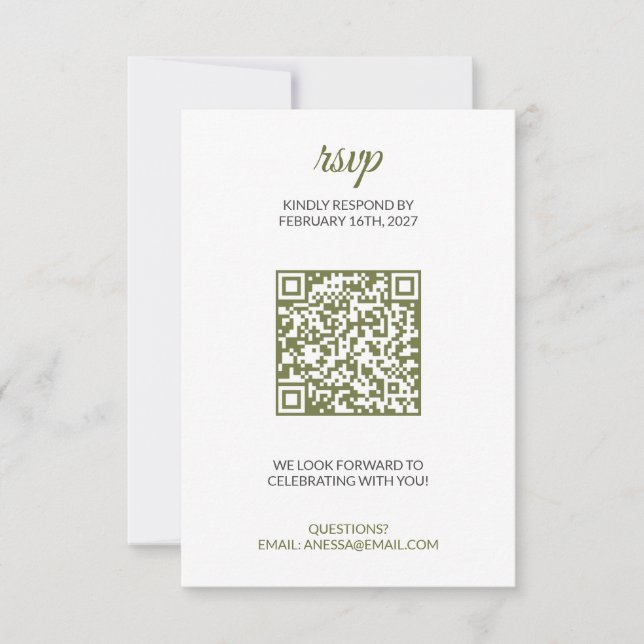 Sagegrön bröllops-RSVP med QR-kod OSA Kort (Framsida)