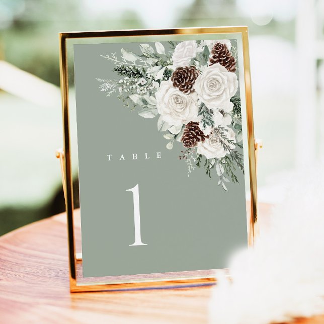 Sagegrön bröllopsbordnummer Vinterblomma Tall (Sage Green Winter Floral Wedding Table Numbers, Pinecone White Rose Reception Table Number Sign)