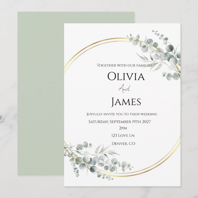 Sagegrön bröllopsinbjudan  inbjudningar (Fram/baksida)